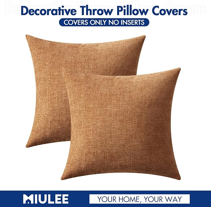 MIULEE Pack of 2 Brown Throw Pillow Covers 18x18 Inch Soft Chenille Pillow Covers for Sofa Living Room Couch Solid Dyed Cases