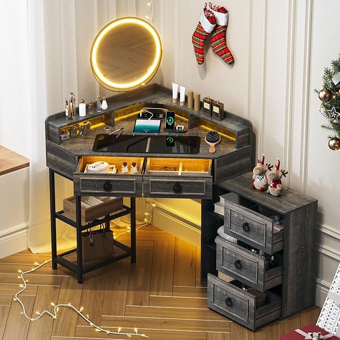 Corner Vanity Desk with Lighted Rotating Mirror and Lights, Glass Top Makeup Vanity with Corner Shelf&5 Drawers, Girls Vanitys with Charging Station,Jewelry Organizers for Bedroom,Brown