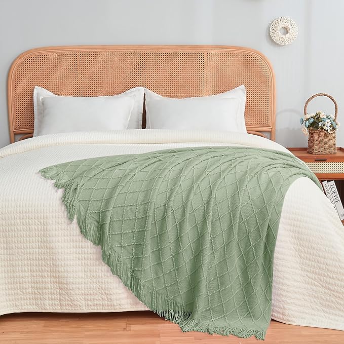inhand Sage Green Throw Blanket for Couch, Soft Living Room Home Decor Knitted Twin Size Blanket, Outdoor Lightweight Breathable Summer Blanket, Farmhouse Warm Woven Decorative, 60"x80"