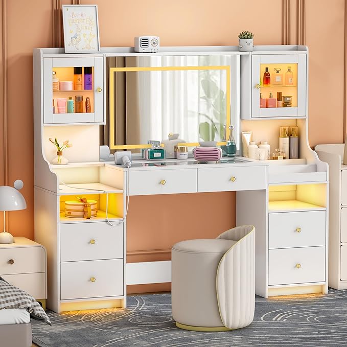 62" Large White Vanity Desk with Power Outlet, Makeup Vanity with Mirror and LED Lights, One Piece Controls 3 Lighting Modes, 4 Drawers Vanity with 2 Cabinets and Glass Top for Women, Girls