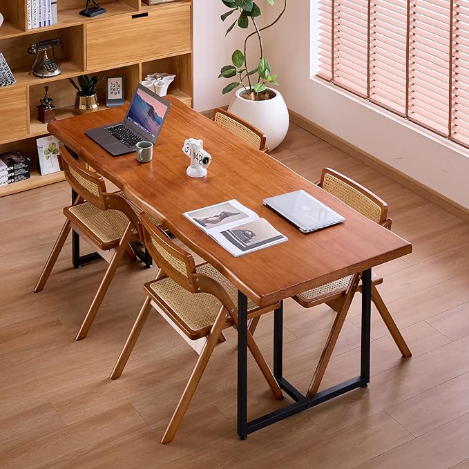 Solid Wood Administrative Desk, Dining Table with Durable Metal Legs, Uniquely Designed Leisure Table, Perfect for Restaurants and Home Offices, (Wood Brown, 70.87in)