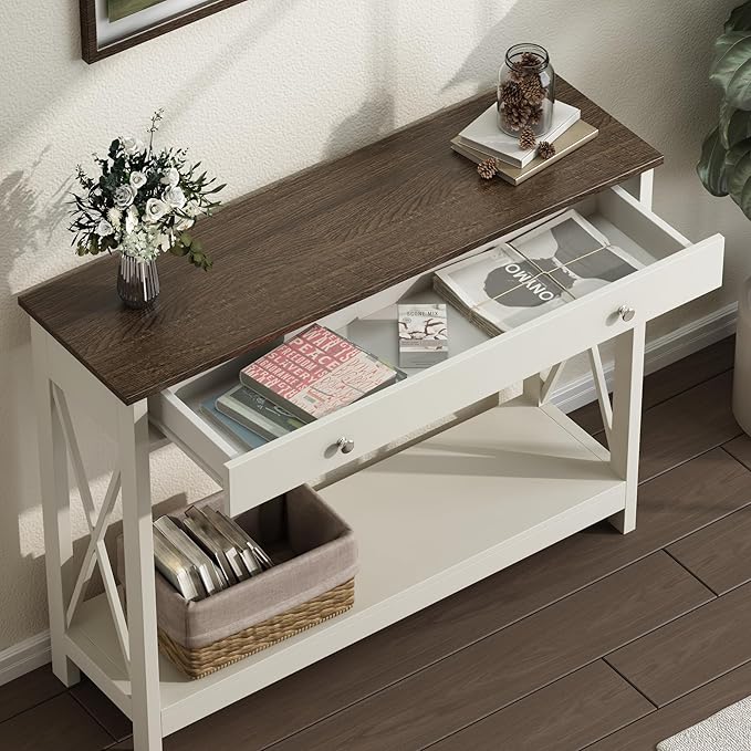 Treocho Farmhouse Console Table with Drawer and Storage Shelves, Foyer Sofa Table Narrow for Entryway, Living Room, Hallway, Antique White & Brown