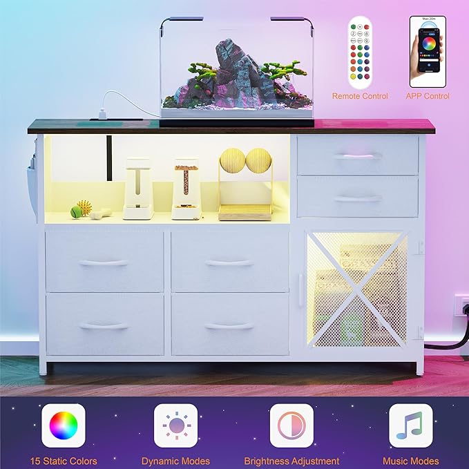 Dresser for Bedroom with LED Lights, TV Stand with Charging Station for 50 inch TV, 6 Drawers Chest with Door and Side Storage, Wide Metal Dresser Table for Living Room, White and Brown