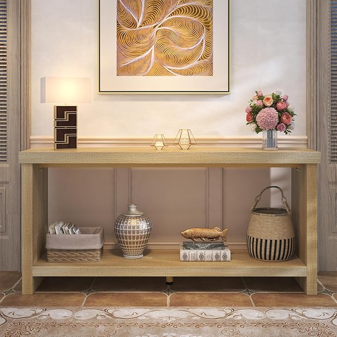 63 Inches Narrow Console Table, 2-Tier Long Sofa Tables Behind Couch Table, Farmhouse Foyer Tables for Entryway, Hallway, Living Room, Oak Natural