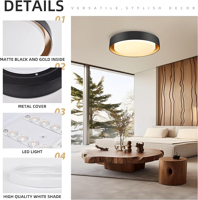 Hlite 13 inch Ceiling Light Fixture,Black LED Flush Mount Ceiling Light with Gold Inside,3000K/Warm White/24W,Dimmable 1920LM Indoor Room Decorative Modern Ceiling Lights for Bedroom Kitchen(1 Pack)