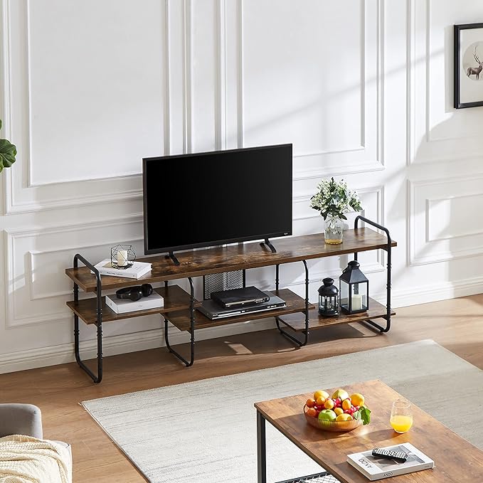 VECELO Industrial Television Stand up to 75 Inch TV,Entertainment Center/Media Console Table with Open Storage Shelves for Living Room/Bedroom,Classic Brown