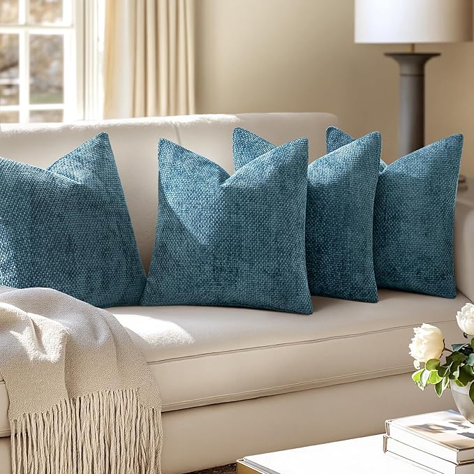 MIULEE Pack of 4 Couch Throw Pillow Covers 18x18 Inch Smoke Blue Soft Decorative Chenille Pillow Covers Farmhouse Accent Cushion Covers for Boho Home Decor Sofa Bedroom Living Room