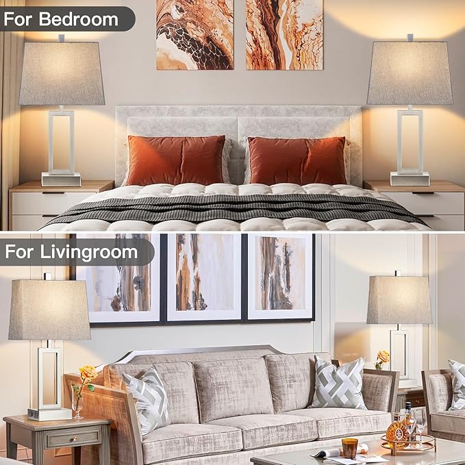 Touch Control Table Lamps Set of 2, Modern Silver Bedside Lamps with USB A+C Ports & AC Outlet, 3 Way Dimmable Contemporary Nightstand Lamps for Bedroom Living Room(LED Bulb Included)