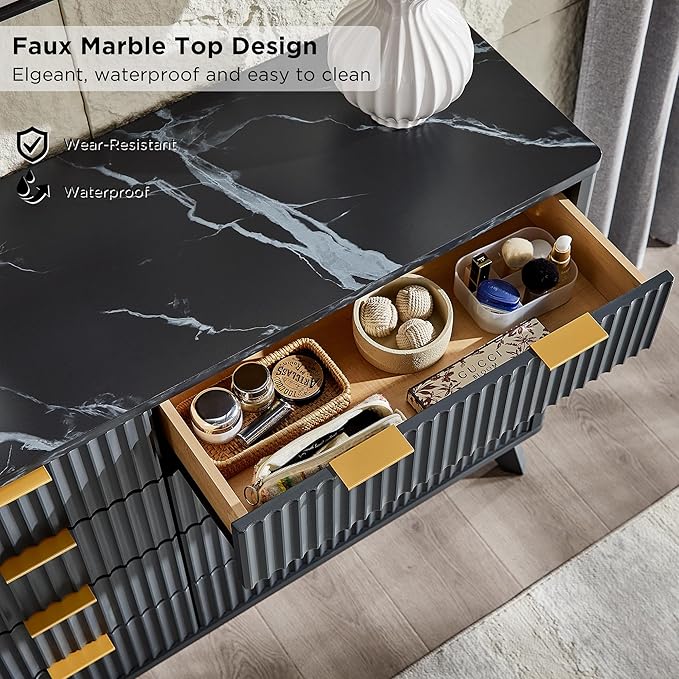 T4TREAM Fluted 8 Drawers Dresser, 54" Wide Modern Chest of Drawers with Faux Marble Top, Curved Profile Design, Dresser TV Stand, Wood Drawer Organizer for Bedroom, Living Room, Hallway, Dark Grey