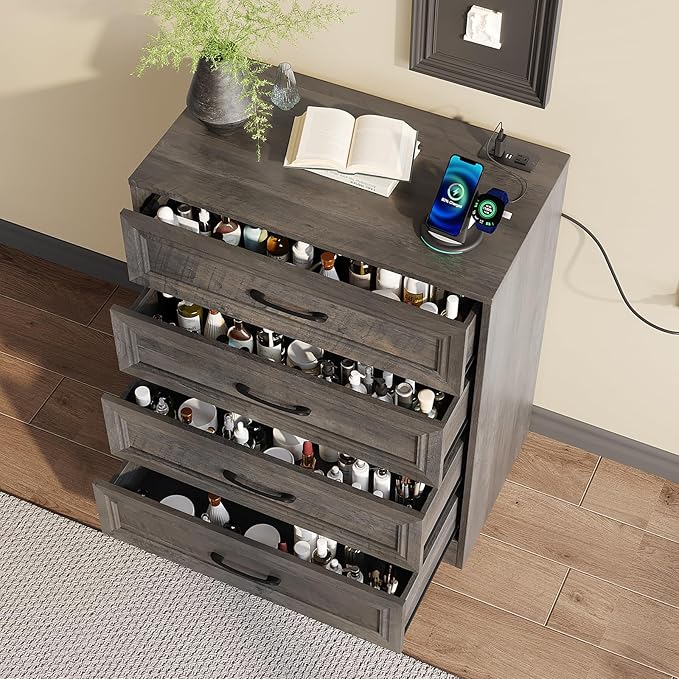Fameill Dresser for Bedroom, 4 Drawer Small Dresser Organizer with Charging Station for Livingroom, Chest of Drawers with Metal Handles, Ash Grey