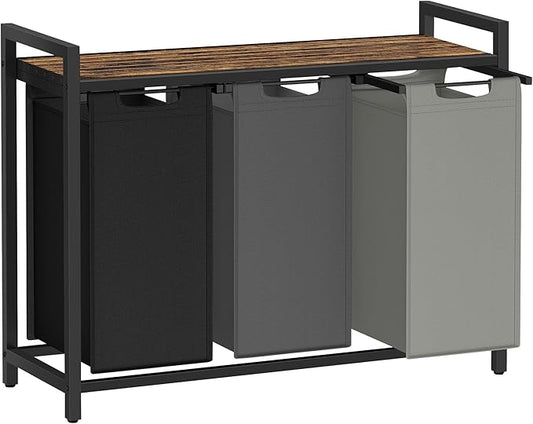 VASAGLE Laundry Hamper, Laundry Basket, Laundry Sorter with 3 Pull-Out and Removable Bags, Shelf, Metal Frame, 3 x 10.6 Gallons (40 L), 36.4 x 13 x 28.4 Inches, Tricolor and Rustic Brown UBLH301X01