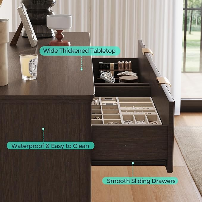LINSY HOME Fluted Dresser for Bedroom with 6 Drawers, 54" Wide Chest of Drawers, Mid Century Modern Dresser TV Stand with Metal Handle, Wood Closet Storage Cabinet for Living Room, Hallway, Walnut