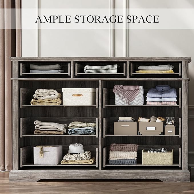 LINSY HOME Updated Dresser for Bedroom with 9 Drawers, Wide Chest of Drawers, Wooden Tall Bedroom Dresser, Storage Organizer for Closet, Living Room, Hallway, Grey