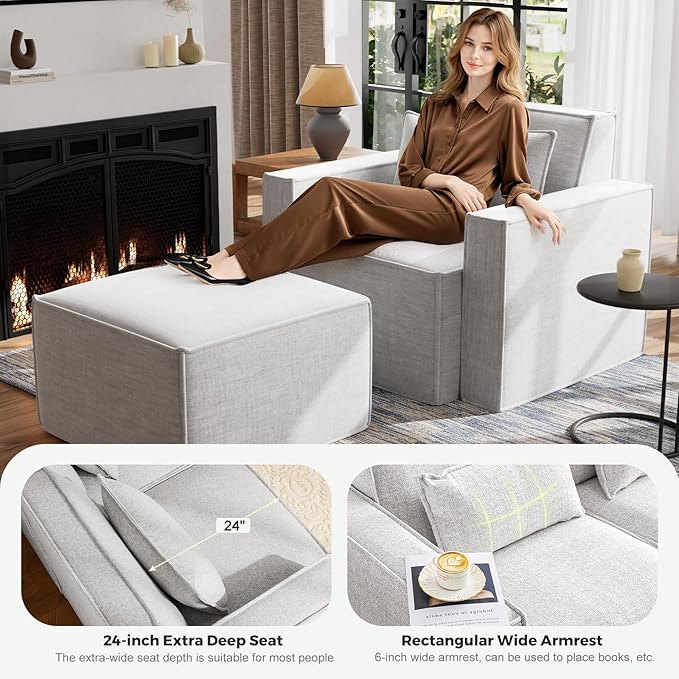 ELUCHANG Oversized Accent Chair with Ottoman,Modern Boucle Sofa Chair with Strong Wood Frame,High Supportive & Soft Sponges Comfy Upholstered Armchair Reading Chairs for Apartment,Light Grey