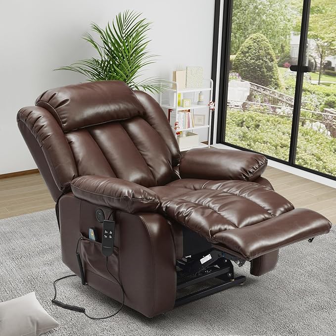 PARKOL Large Breathing Leather Infinite Position Power Lay Flat Lift Recliner Chairs for Elderly, Dual Motor with Massage and Heating,Extended Footrest,USB & Type-C Port and Remote Brown