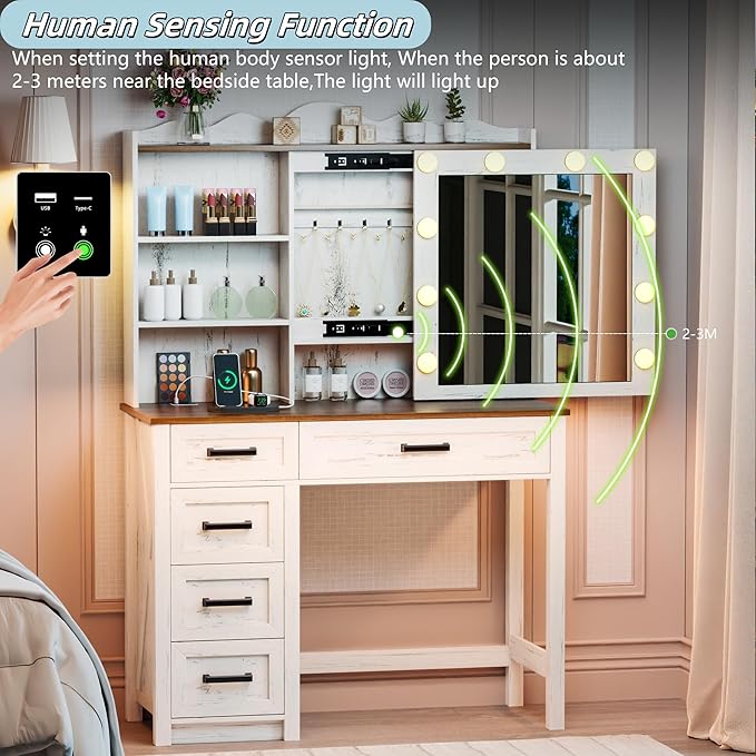 Farmhouse Makeup Vanity, Vanity Desk with Built-in Charging Station, Wood Vanity Set with 3 Levels of Open Storage Shelves & 3-Color Lighting, Makeup Desk with Hidden Storage, White