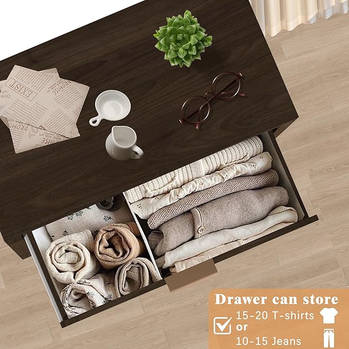 Wood 5 Dresser for Bedroom, Wide Rattan Drawer with Gold Handle for Bed Room, Hallway, Brown Oak