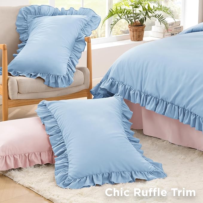 Litanika Light Blue Full Size Comforter Sets, 3 Pieces Ruffle Farmhouse Aesthetic Bedding Comforter Sets, All Season Soft Lightweight Fluffy Microfiber Bed Set(79x90In Comforter, 2 Pillowcases)