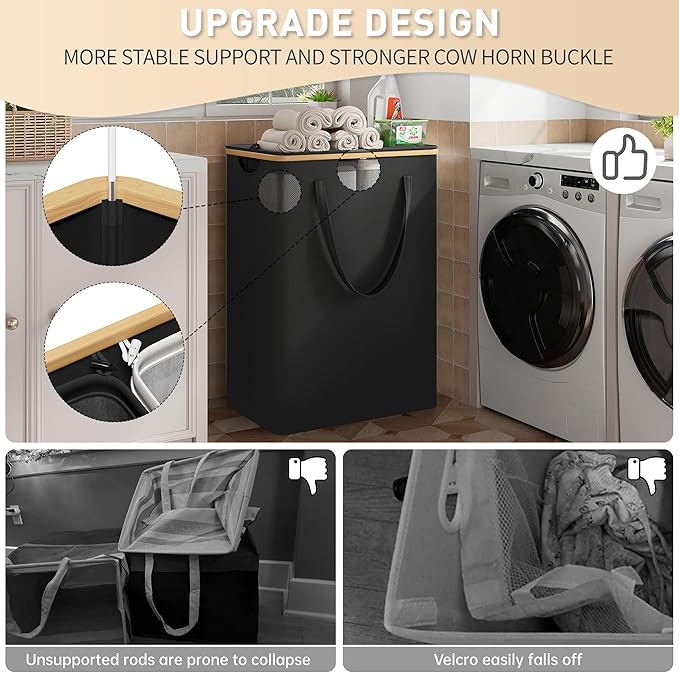 160L Double Laundry Hamper with Lid 2 Section, Large Bamboo Laundry Basket with 2 Removable Bags, Clothes Hampers for Laundry for Bedroom, Bathroom, Dorm, Laundry Room, Black