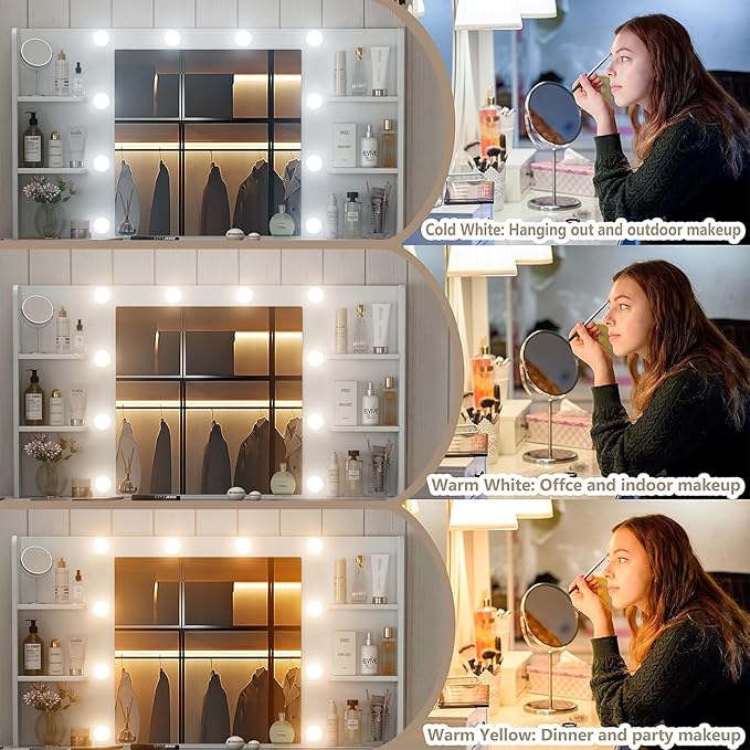 Vanity Desk with Power Outlet, 11 Drawers Makeup Vanity with Lighted Mirror, 3 Colors Adjustable, Glass Top Vanity with Chair, 4 Shelves and Fold-up Panel, Dressing Table for Bedroom, White