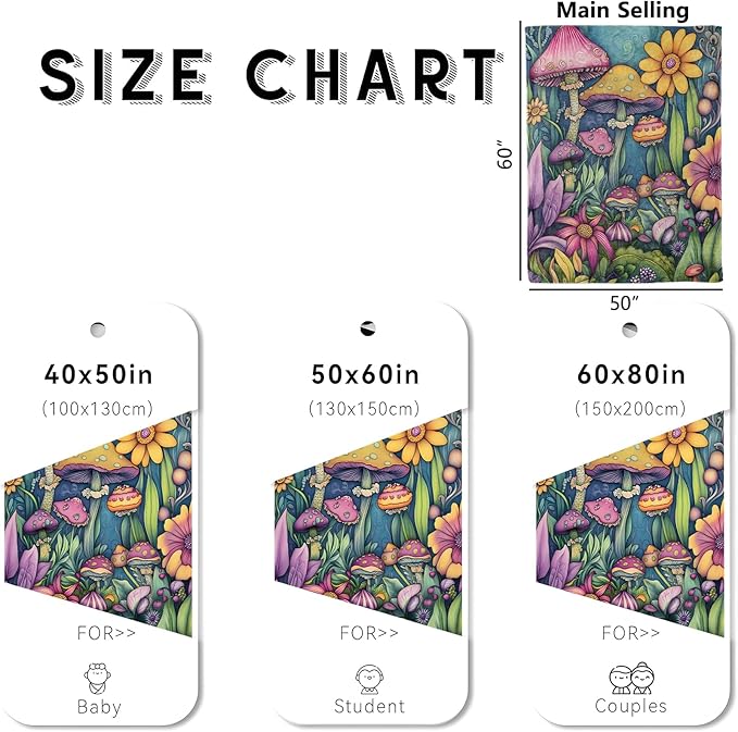 Fantasy Mushroom Blanket, Cozy Flannel Colorful Toadstools with Flowers Throw Blanket for Couch Outdoor, Plush Soft Lightweight Travel Blankets for Bed Decor and Gifts, for Women Adults 40"x50"