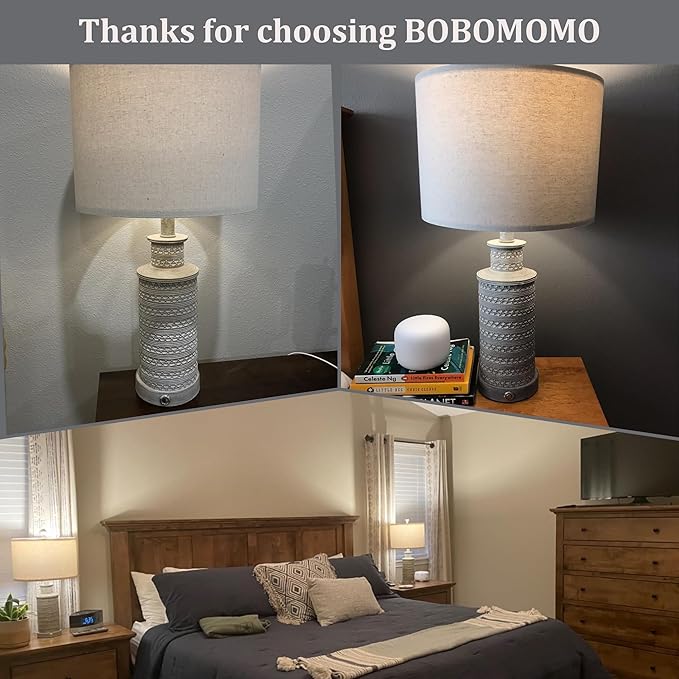 BOBOMOMO 3-Way Dimmable Touch Control Table Lamp Set of 2 with Dual USB Charging Ports for Bedroom Living Room Vintage Rustic Farmhouse Traditional Nightstand Bedside Lamps(Bulbs Included)