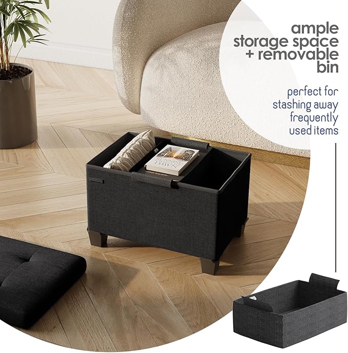 STORAGEBUD Storage Ottoman Cube with Small Bin, 16-in Square Ottoman with Storage for Living Room and Bedroom, Small Ottomans Foot Rest, Fabric Foot Stools Ottomans Max 330lbs, Black