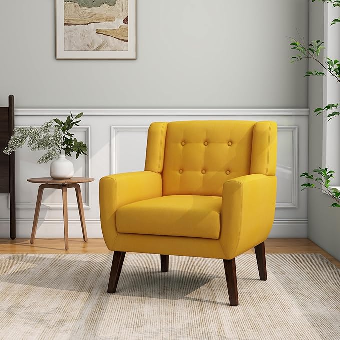 Accent Chair, Mid-Century Modern Fabric Chairs with Arms for Living Room, Comfy Upholstered Club Single Sofa Armchair for Bedroom Waiting Room with Solid Wood Frame (Fabric Yellow, Set of 2)