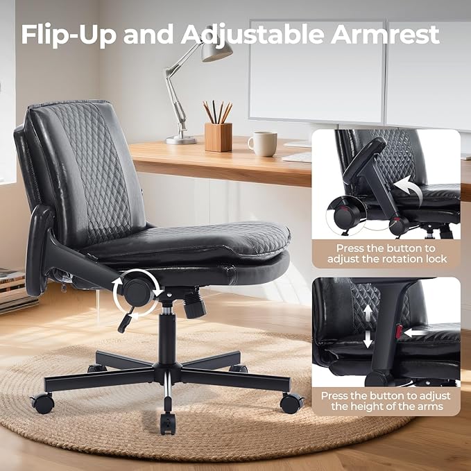 Criss Cross Chair with Flip-Up Arms and Lockable Wheels, Leather Cross Legged Office Desk Chair，Wider 125°Tilting Adjustable Swivel Computer Chair for Home, Apartment, Bedroom,Black 1