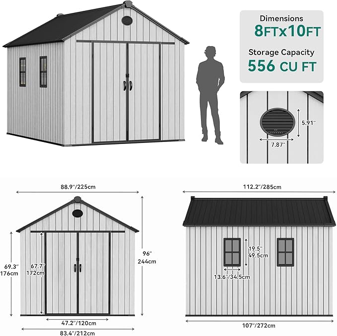 YITAHOME 8x10 FT Outdoor Storage Shed with Floor, Plastic Garden Shed for Bikes, Tools, Supplies, Waterproof Resin Shed with Lockable Doors, 2 Windows & 2 Vents for Patio, Backyard, 556 cu. Ft., Gray