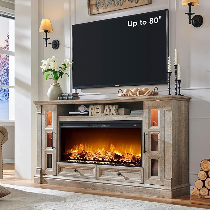 OKD Fireplace TV Stand for up-to-80 TV, Farmhouse 36" Tall Entertainment Center with 42" Electric Fireplace, Media Console with Glass Door Cabinets & Drawers for Living Room, Light Rustic Oak