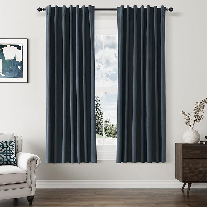 Guken 100% Blackout Linen Curtains 63 Inch Length 2 Panels Set for Living Room Bedroom Back Tab Thermal Insulated Black Out Linen Drapes Room Darkening Window Curtains,Vintage Blue
