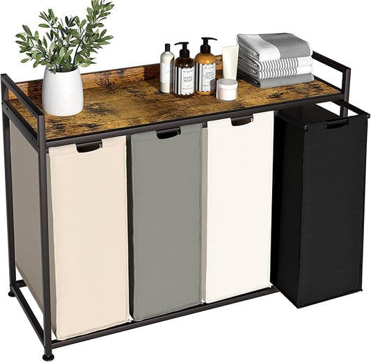 Laundry Hamper with Shelf, Laundry Basket 4 Section, Laundry Sorter with Pull-Out Removable Large 4 Color Bags and Movable Wheels, Metal Frame, 4 x 15.87 Gallons (60L), Rustic Brown PF07XLN