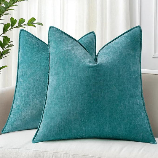 decorUhome Couch Throw Pillow Covers 20x20 Set of 2, Decorative Soft Euro Neutral Chenille Pillow Covers with Elegant Design for Sofa Bed Living Room Home Decor, Teal