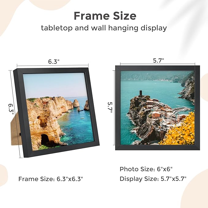 6x6 Metal Picture Frame - Black Aluminum Square Frames with Real Glass, Wall Mounting Horizontally or Vertically, Simple and Elegant Decor for Wall Gallery Poster Photo Frames, Black