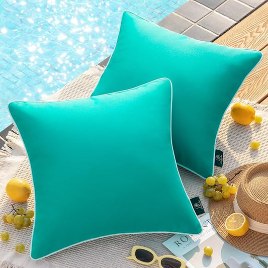 Phantoscope Pack of 2 Outdoor Waterproof Solid Throw Decorative Pillow Cover Decorative Square Outdoor Pillows Cushion Case Patio Pillows for Couch Tent Sunbrella (20''x20'', Turquoise)