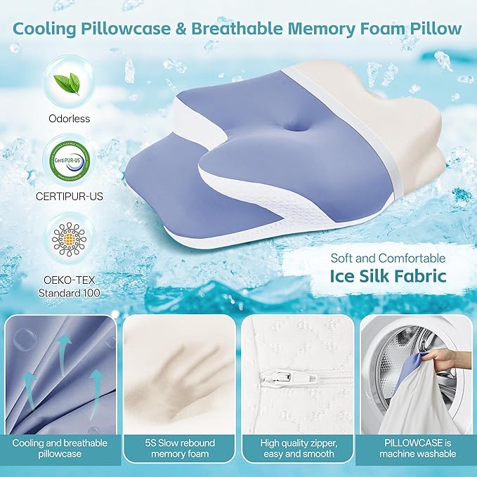 Cervical Neck Pillow for Neck Pain Relief & Support - Cooling Ergonomic Memory Foam Pillow with Dual-Height Contour & Ice Silk Cover for Side, Back, Stomach Sleepers, Blue