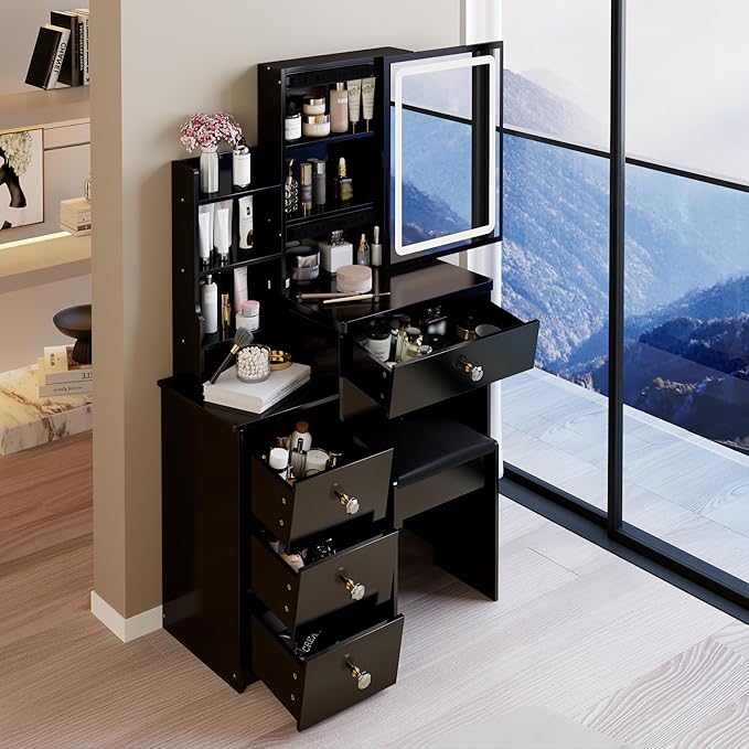 29.2" Small Vanity Desk with Mirror and Lights, Makeup Table with Led Lights and Sliding Mirror, 3 Lighting Colors, Vanity Set with Drawers and Stool for Small Space and Bedroom, Black