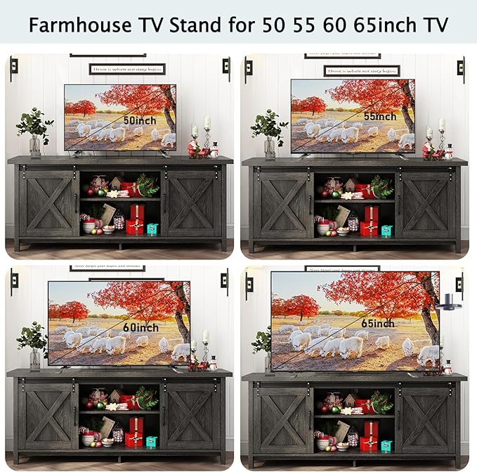58" Farmhouse TV Stands for 55 60 70 inch TV w/Adjustable Shelves,Sliding Barn Door.Wooden Entertainment Center,TV Console Cabinet with Storage for Bedroom Living Room(Dark Grey)