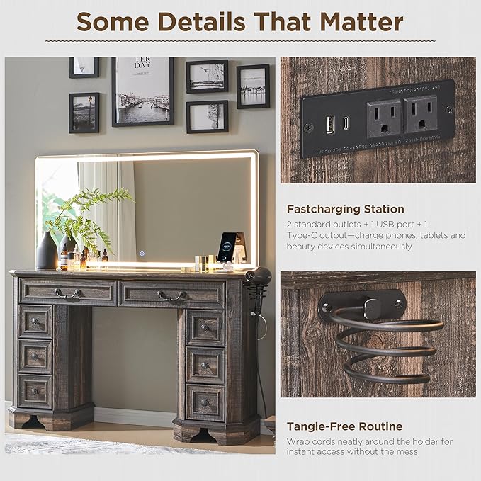 T4TREAM Makeup Vanity Desk with 48" HD Lighted Mirror, Farmhouse Vanity Table with 8 Drawers, Vanity Desk with 3 Color Modes, Dressing Table with Glass Top and Power for Bedroom(Dark Rustic Oak)