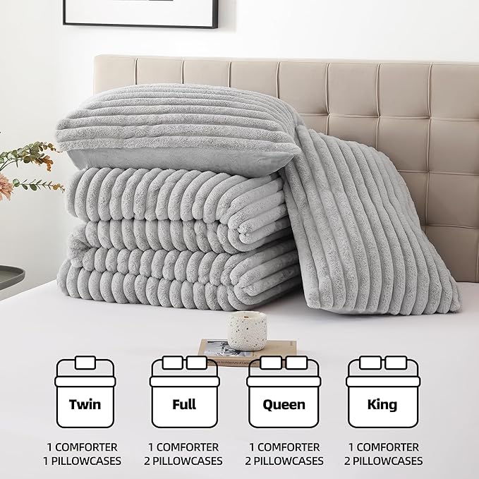 Smoofy Fluffy Full Size Comforter Sets 3 Pieces - Light Grey Fleece Fluffy Comforter Set, Luxury Fuzzy Full Bed Set, Soft Comforter Full Size All Season, Heavy Faux Fur Comforter with 2 Pillow Cases