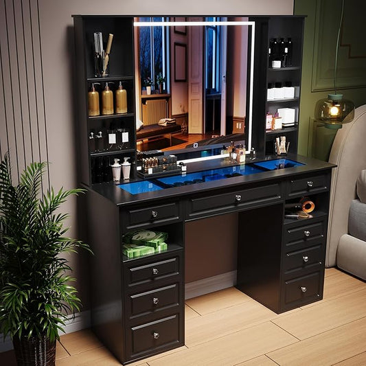 Vanity Desk with Mirror and Light, Glass Top Dresser with 9 Drawers, Vanity Table with Storage, Dressing Table, Bedroom Makeup Desk for Women (Black-Glass Top)