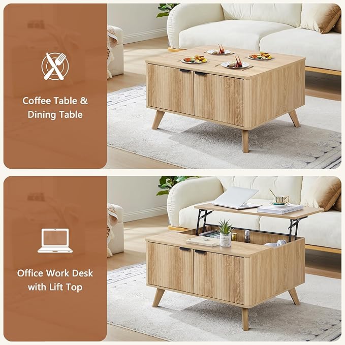 Fluted Lift Top Coffee Table with Large Hidden Compartment, 31.5” Wooden Center Table with Storage, Mid Century Modern Lift Tabletop Coffee Tables for Living Room Home Office, Natural