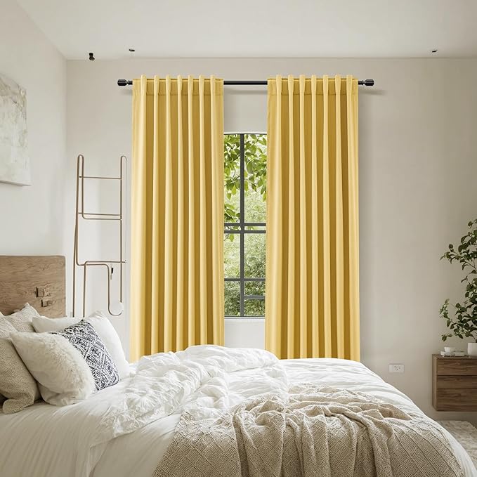 Guken Blackout Curtains 84 Inch Length 2 Panels Set for Living Room Bedroom Back Tab Thermal Insulated 100% Black Out Linen Drapes Room Darkening Window Curtains 84 Inches Long,Gold Yellow