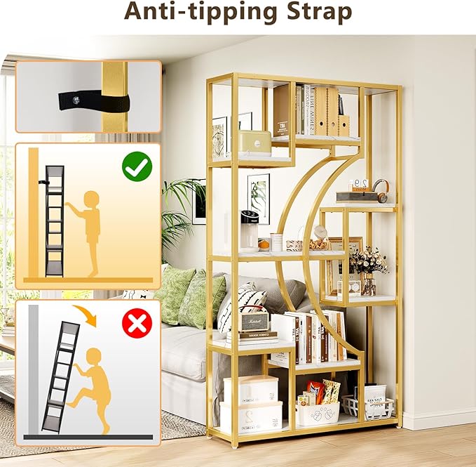 LGHM White and Gold Bookshelf Set of 2 with Metal Frame, 5 Tier Geometric Bookcase, Adjustable Modern Book Shelf with 18 Open Storage Shelves, Display Shelf for Living Room, Office, Bedroom
