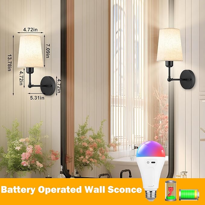 Battery Operated Wall Sconce Set of 2,Black Rechargeable Wall Lights with 5200mAh Dimmable RGB Bulbs and Remote Control,270°Rotation Wireless Wall Lamps for Indoor Bedroom Living Room Hallway