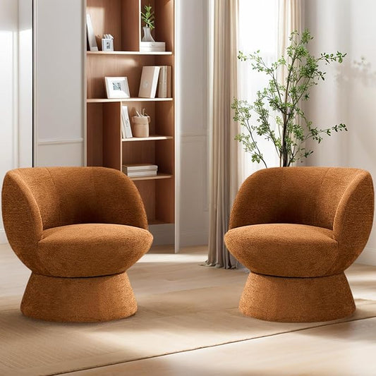 360° Swivel Boucle Bucket Chair, Accent Barrel Makeup Vanity Chair Modern Lounge Single Sofa with Padded Armrest for Dining Room, Living Room, Bedroom and Home Office (Set of 2 Orange)