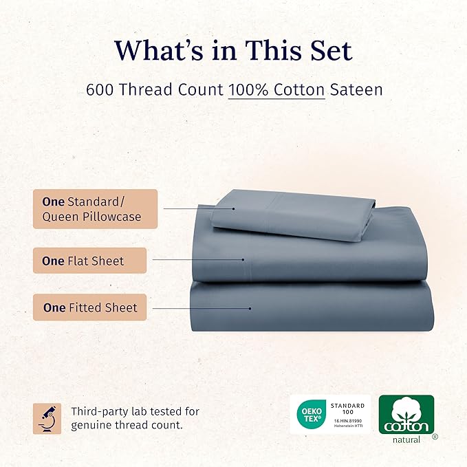 CALIFORNIA DESIGN DEN 5-Star Hotel Quality Twin Sheet Set, 100% Cotton Sateen, 600 Thread Count 3 Pc is Soft & Smooth with Deep Pocket Fitted Sheet (Blue)