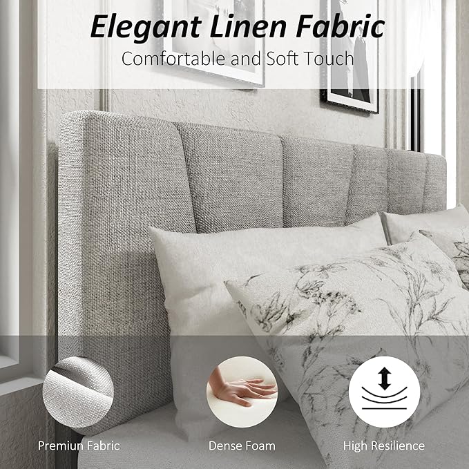 Queen Size Platform Bed Frame with Upholstered Headboard, Wooden Slats Support, Noise Free, No Box Spring Needed, Easy Assembly, Light Grey, Linen