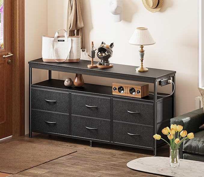 Huuger LED TV Stand for Bedroom, 47 Inch Dresser TV Stand for 43, 50, 55 Inch TV, Black TV Stand with Storage, Entertainment Center with Power Outlets, 6 Drawer Fabric Dresser for Living Room